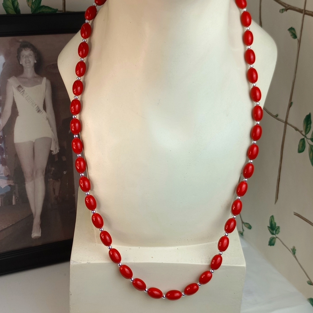 Brick Red Lacquer Bean Shape Bead Necklace Silver tone spacers 28"